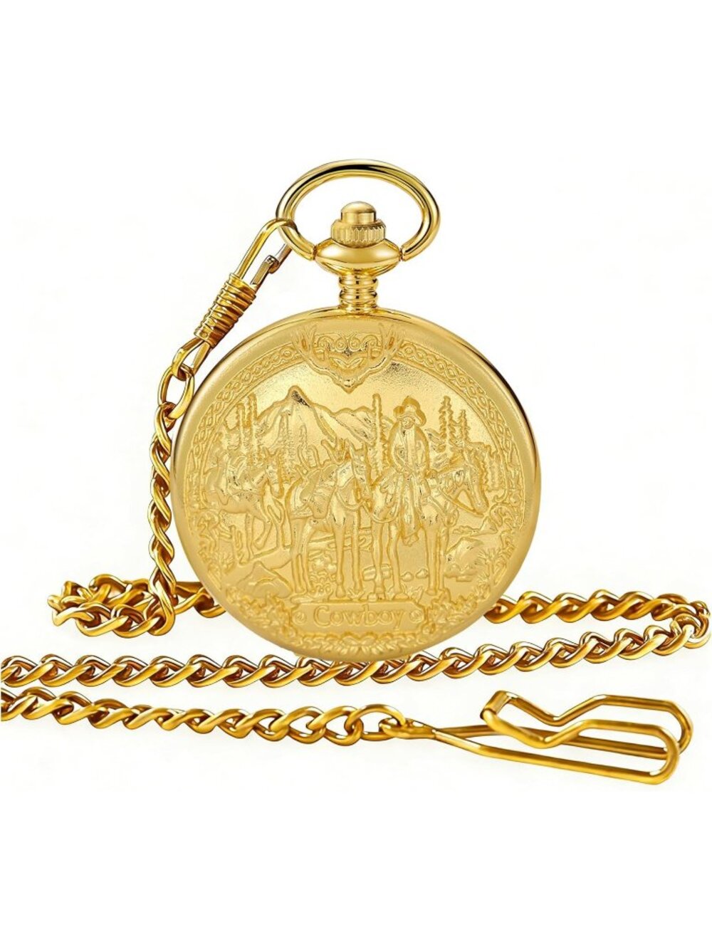 Men's Gold Analog Quartz Arabic Numerals Engraved Cowboy Vintage Pocket Watch